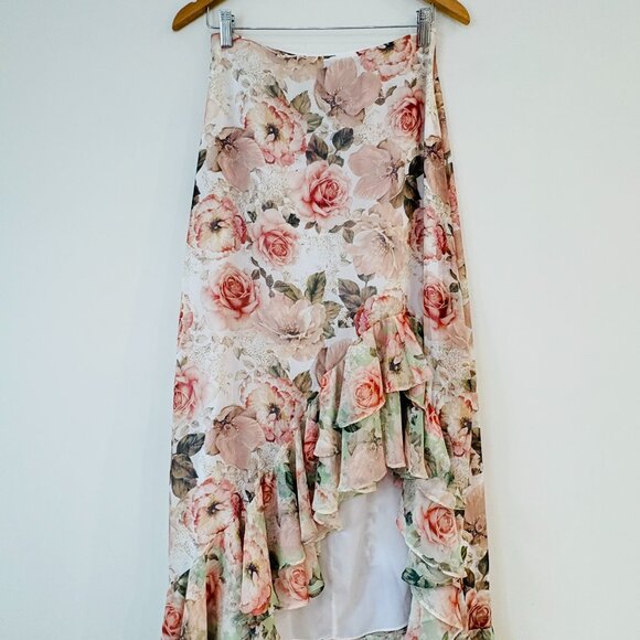 Alice + Olivia Braylee Asymmetric Floral Rose Ruffle Slip Midi Skirt Size 4 - Picture 3 of 8